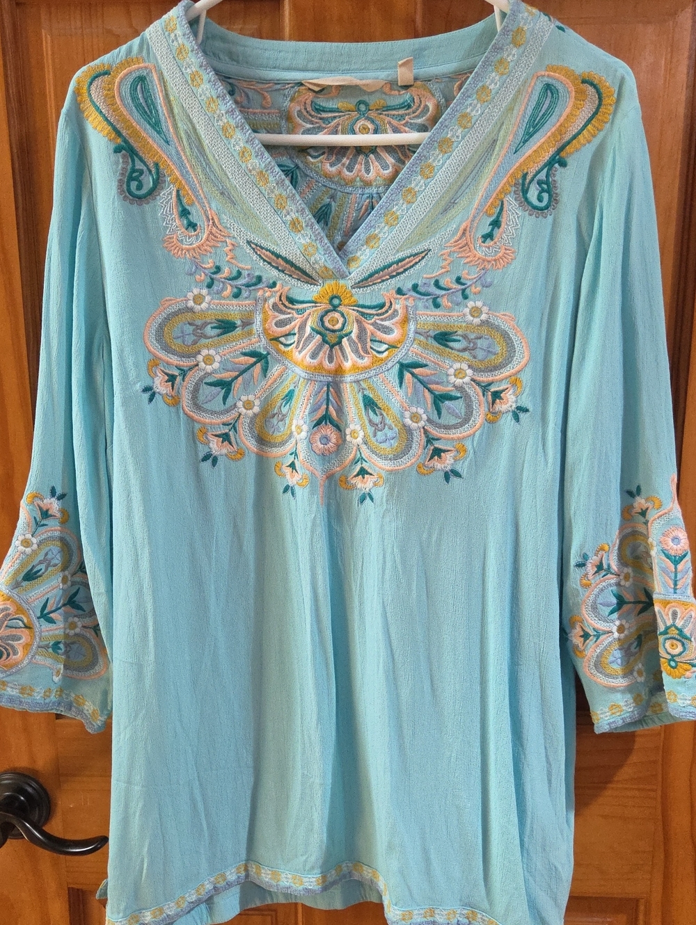 Soft Surroundings Aqua Embroidered V-Neck Tunic